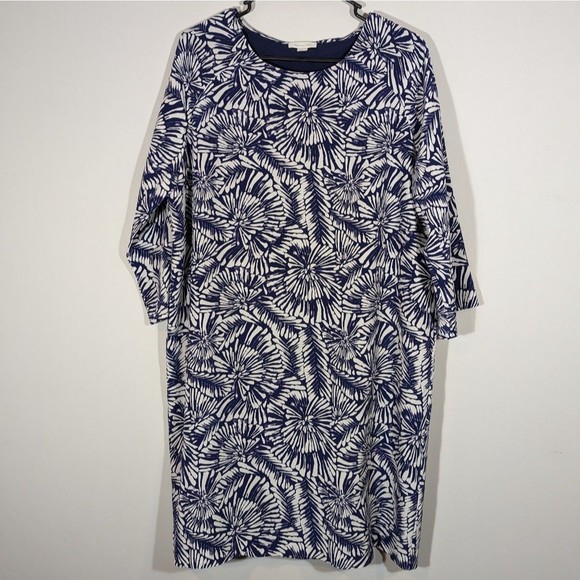 Garnet Hill Dresses & Skirts - Garnet Hill Navy Print 3/4 Sleeve Silk Shift Midi Dress Women Size 10